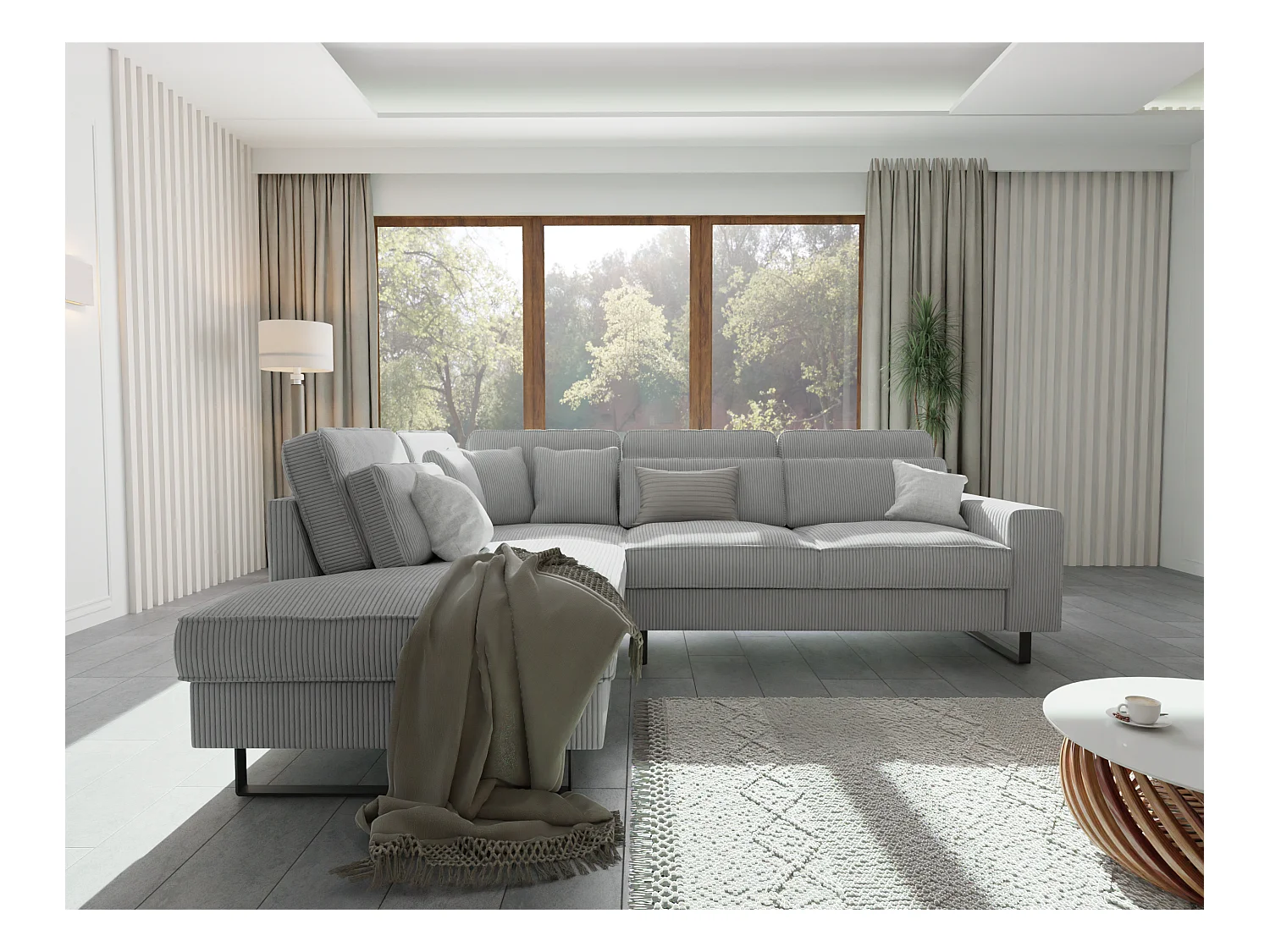 Canapé d’angle avec ottomane et pieds en métal noir, en tissu côtelé gris clair DUSK