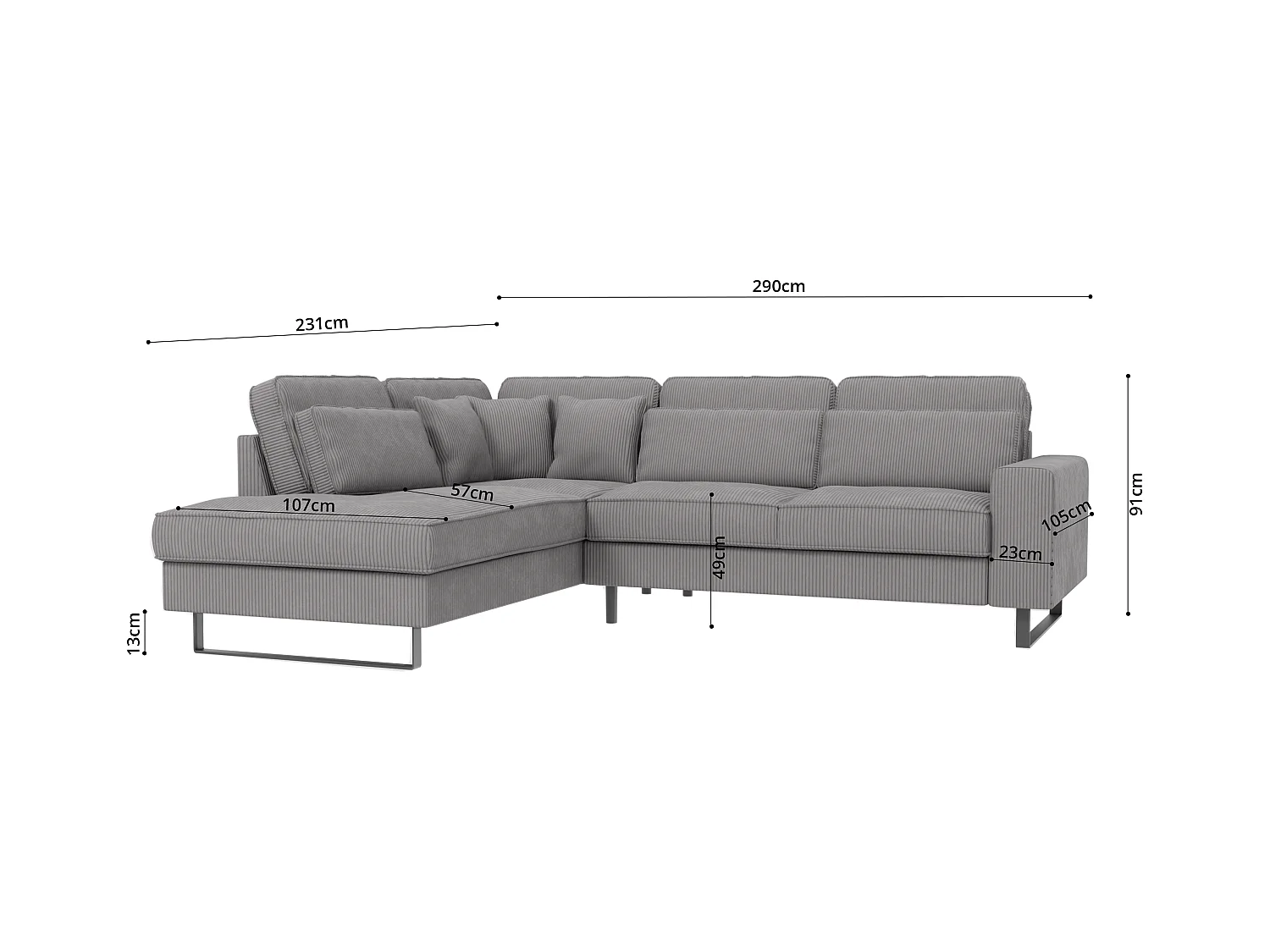 Canapé d’angle avec ottomane et pieds en métal noir, en tissu côtelé gris clair DUSK