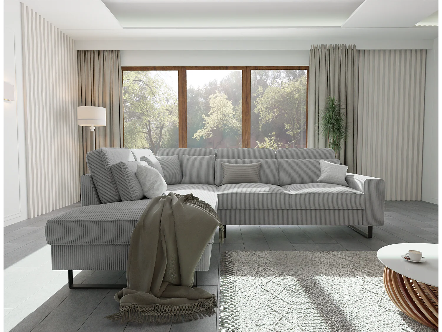 Canapé d’angle avec ottomane et pieds en métal noir, en tissu côtelé gris clair DUSK