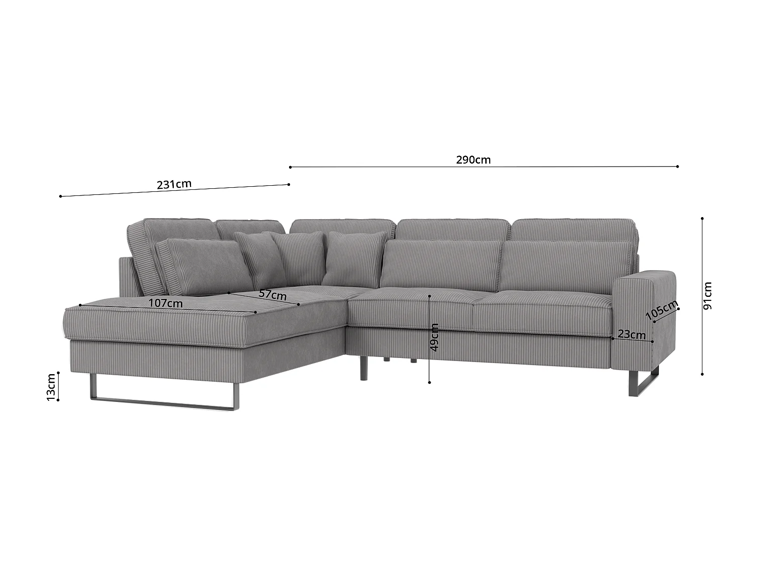 Canapé d’angle avec ottomane et pieds en métal noir, en tissu côtelé gris clair DUSK