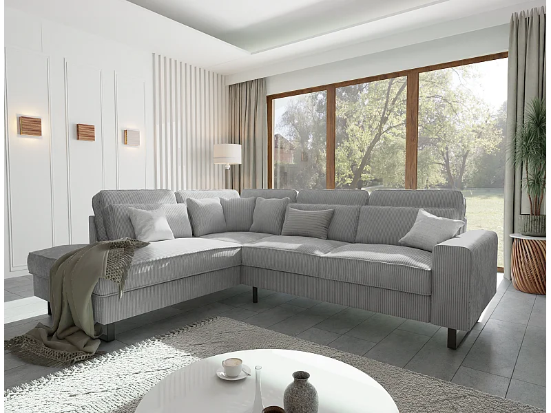 Canapé d’angle avec ottomane et pieds en métal noir, en tissu côtelé gris clair DUSK