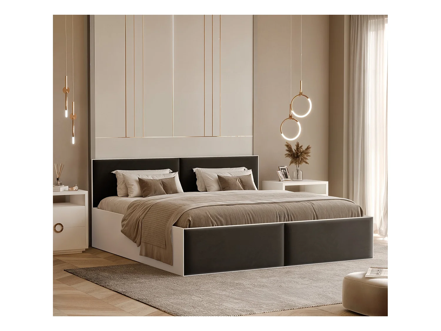 Lit tapissé ATHERIS avec coffre de rangement pour la literie | 140x200 Noir