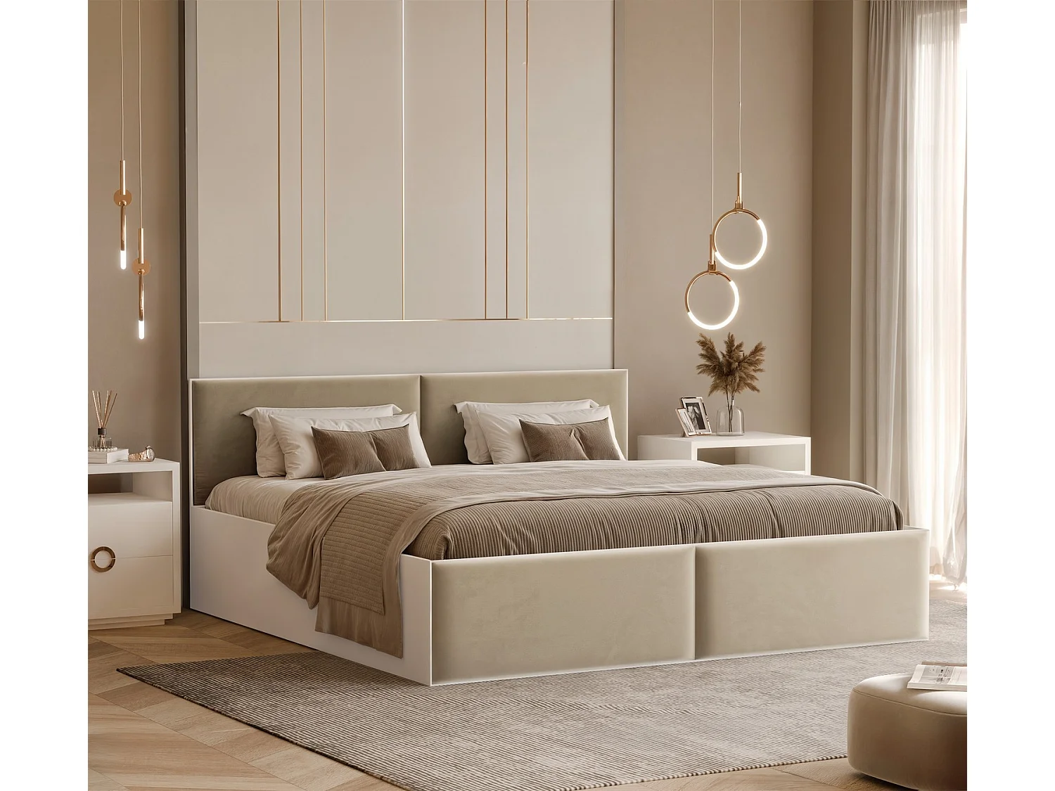 Lit tapissé ATHERIS avec coffre de rangement pour la literie | 120x200 Beige