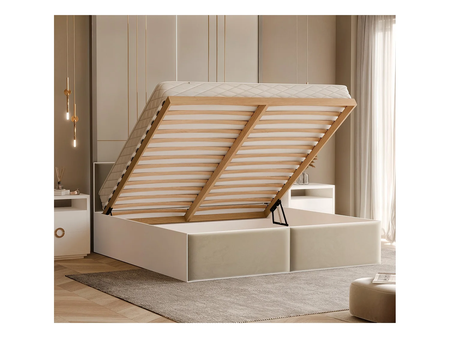 Lit tapissé ATHERIS avec coffre de rangement pour la literie | 140x200 Beige