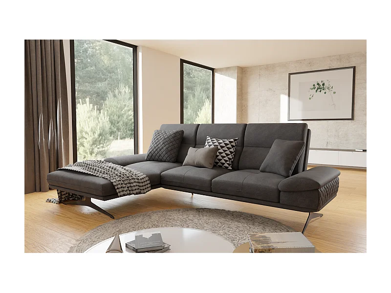 Canapé d’angle moderne avec ottomane et pieds hauts en métal noir, en tissu velours noir HAGA