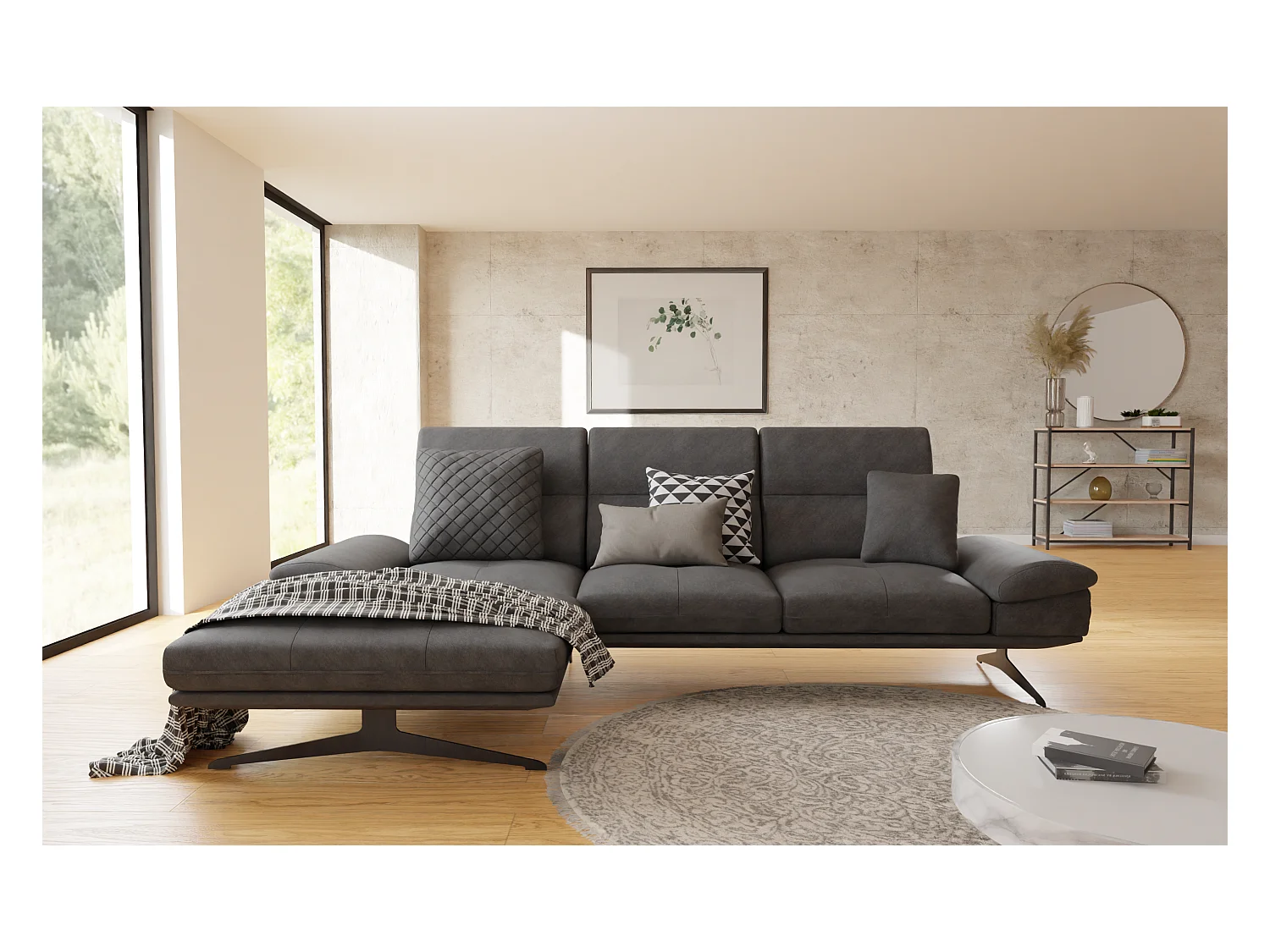 Canapé d’angle moderne avec ottomane et pieds hauts en métal noir, en tissu velours noir HAGA