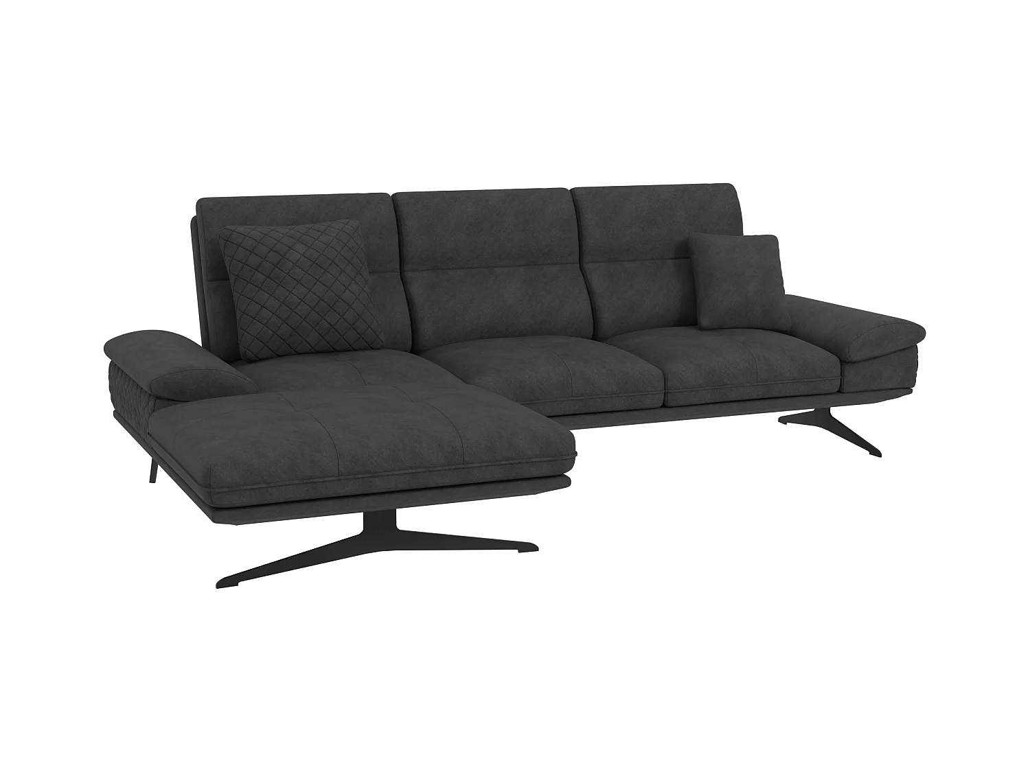 Canapé d’angle moderne avec ottomane et pieds hauts en métal noir, en tissu velours noir HAGA