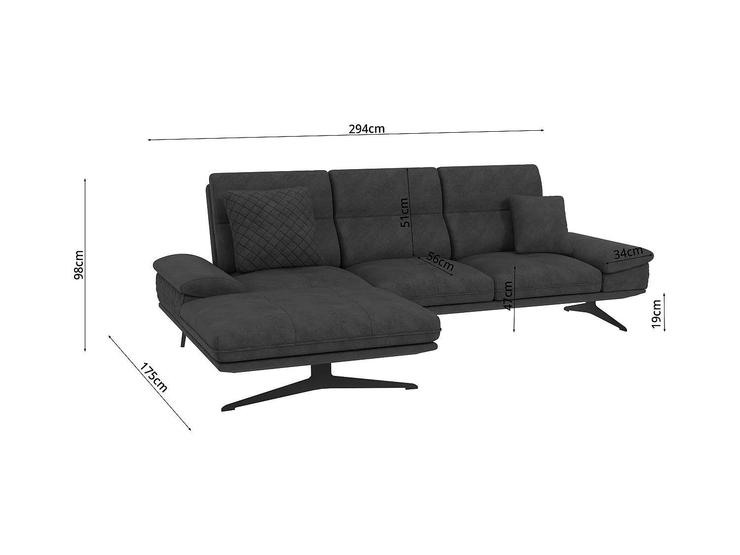 Canapé d’angle moderne avec ottomane et pieds hauts en métal noir, en tissu velours noir HAGA