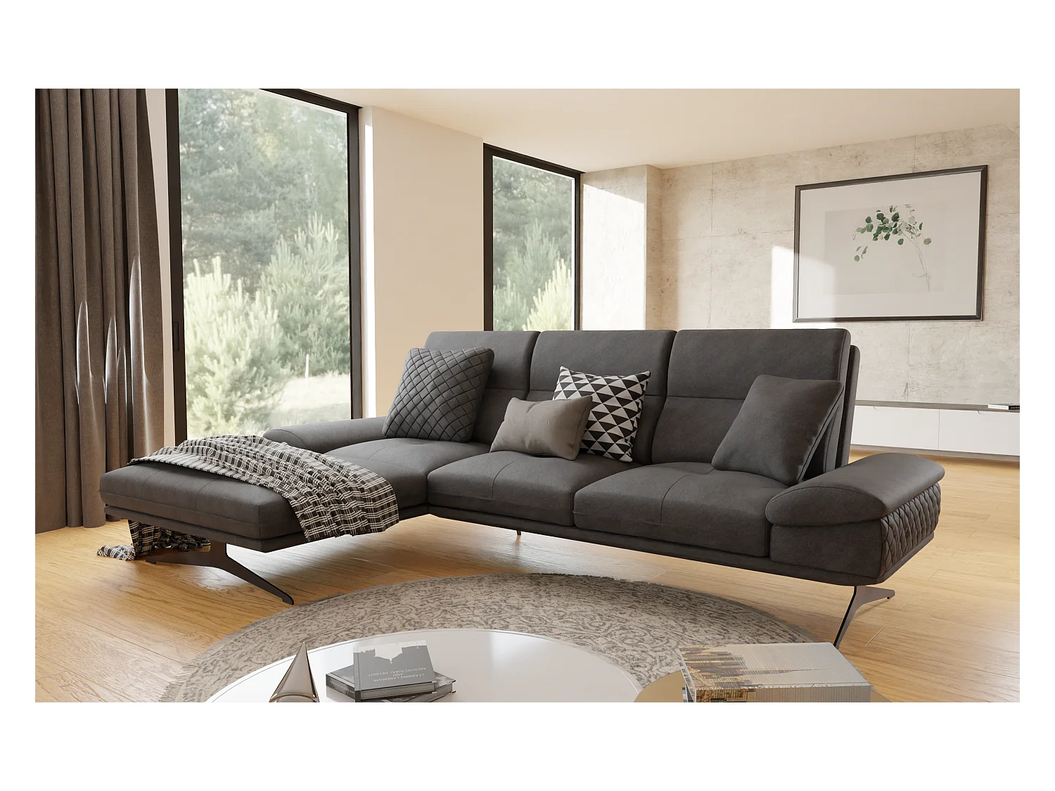 Canapé d’angle moderne avec ottomane et pieds hauts en métal noir, en tissu velours noir HAGA