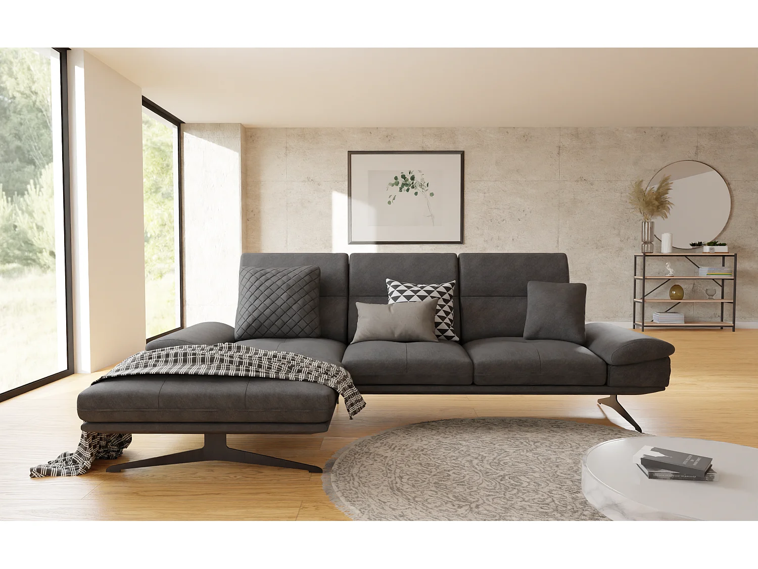 Canapé d’angle moderne avec ottomane et pieds hauts en métal noir, en tissu velours noir HAGA