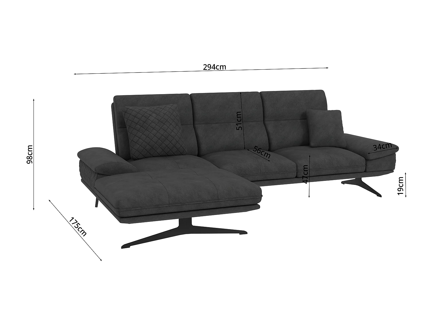 Canapé d’angle moderne avec ottomane et pieds hauts en métal noir, en tissu velours noir HAGA