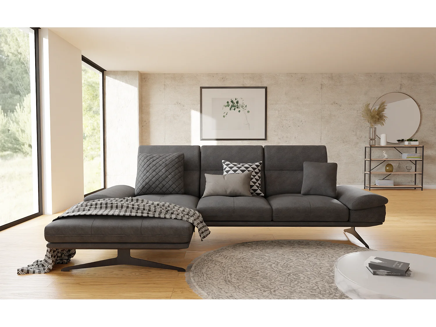 Canapé d’angle moderne avec ottomane et pieds hauts en métal noir, en tissu velours noir HAGA