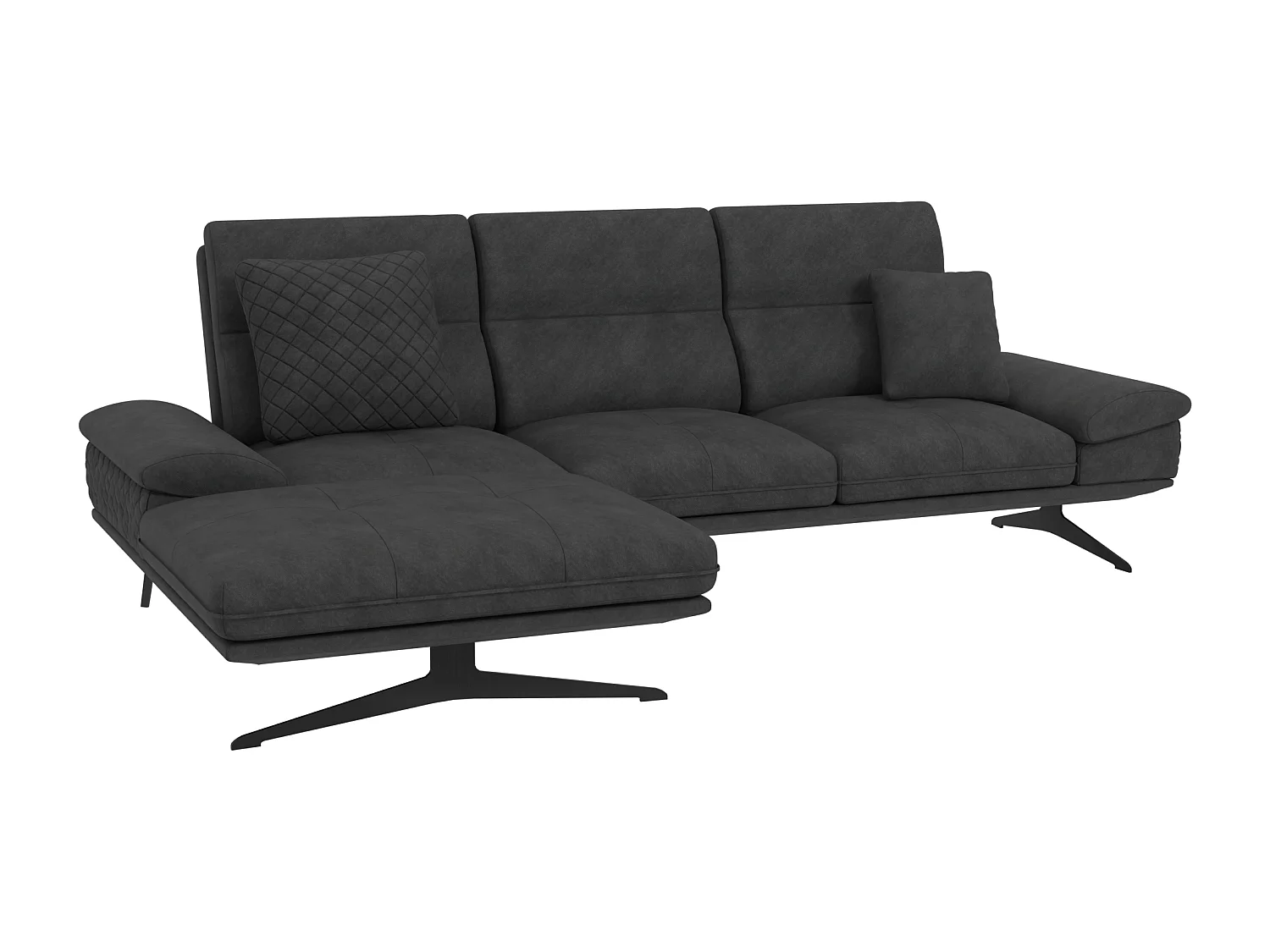 Canapé d’angle moderne avec ottomane et pieds hauts en métal noir, en tissu velours noir HAGA