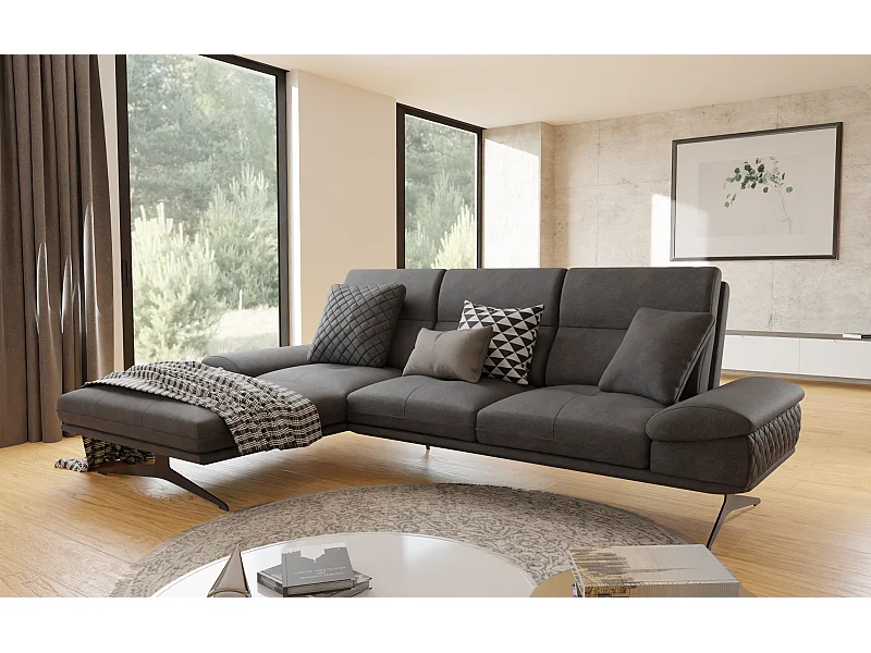 Canapé d’angle moderne avec ottomane et pieds hauts en métal noir, en tissu velours noir HAGA