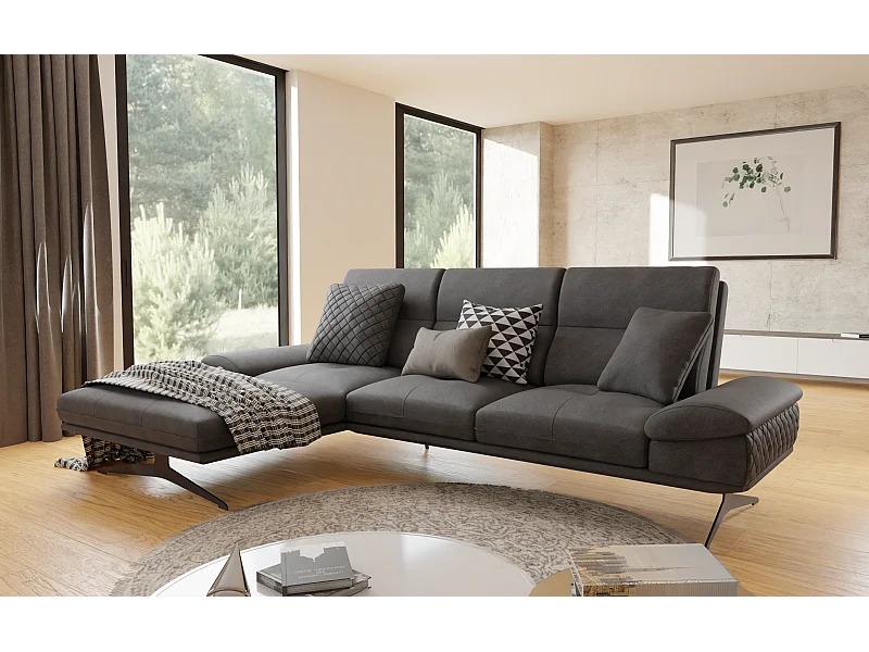 Canapé d’angle moderne avec ottomane et pieds hauts en métal noir, en tissu velours noir HAGA