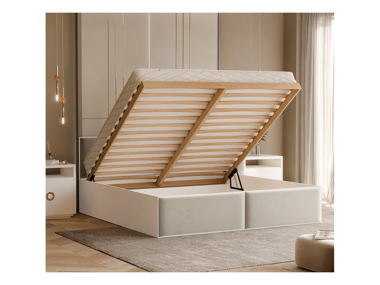 Lit tapissé ATHERIS avec coffre de rangement pour la literie | 120x200 Crème