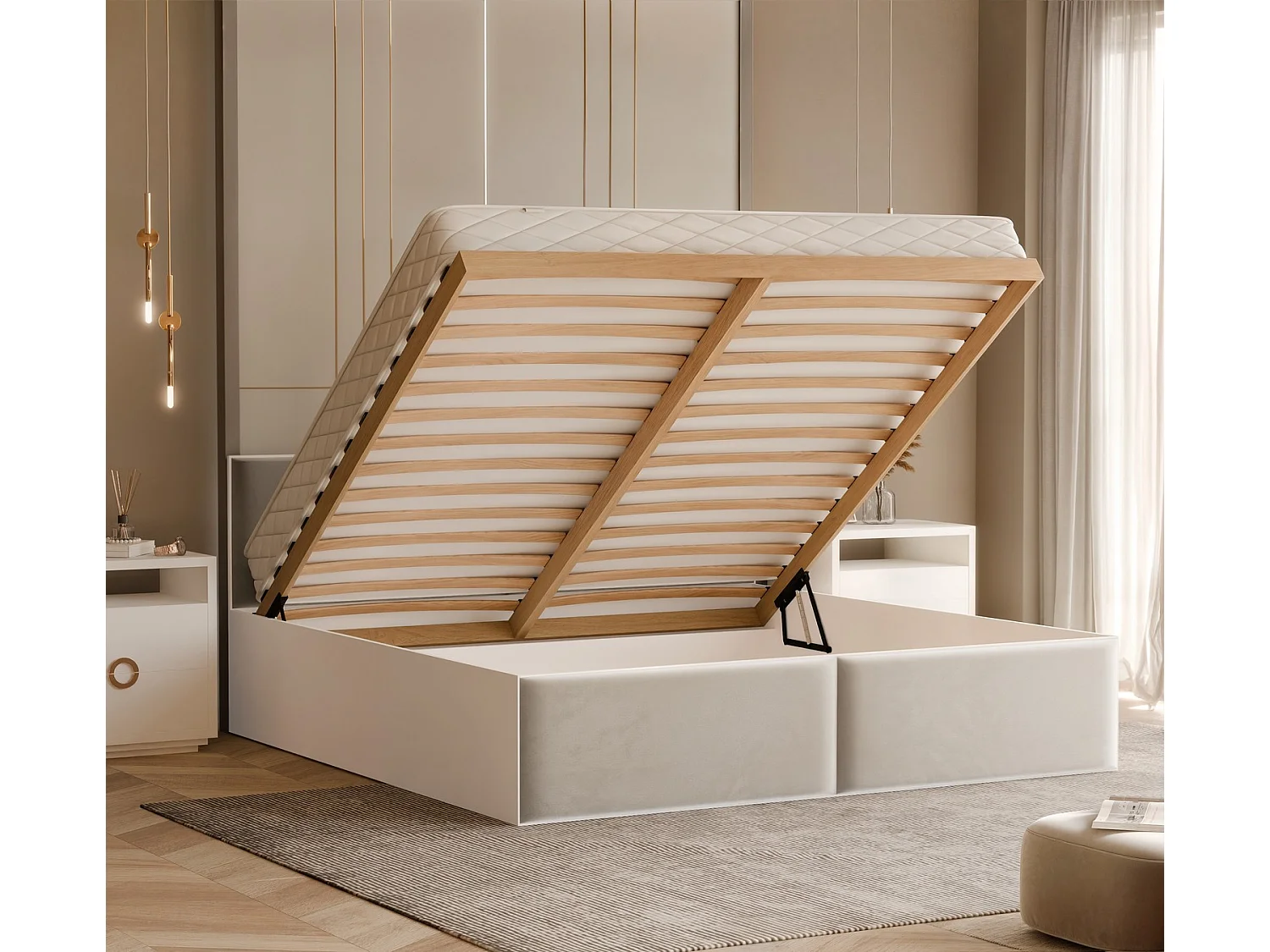 Lit tapissé ATHERIS avec coffre de rangement pour la literie | 120x200 Crème