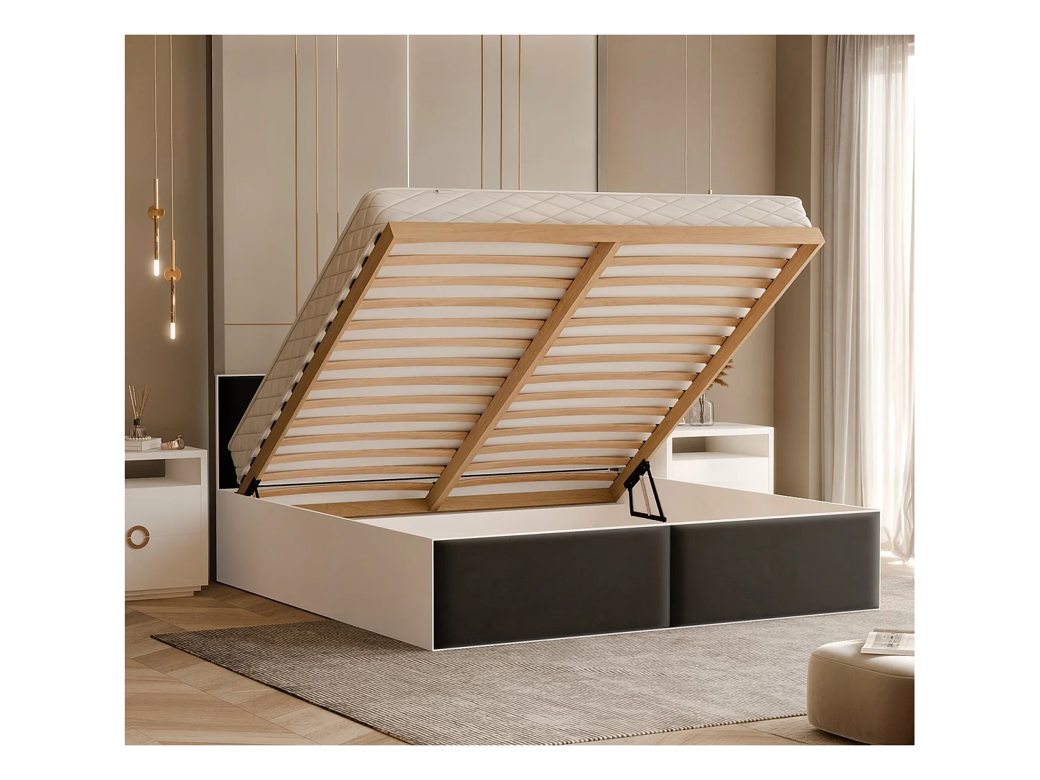 Lit tapissé ATHERIS avec coffre de rangement pour la literie | 120x200 Noir