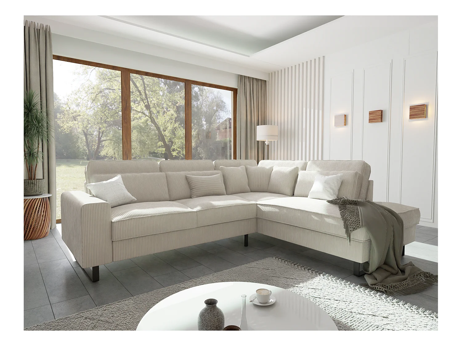 Canapé d’angle avec ottomane et pieds en métal noir, en tissu côtelé beige DUSK