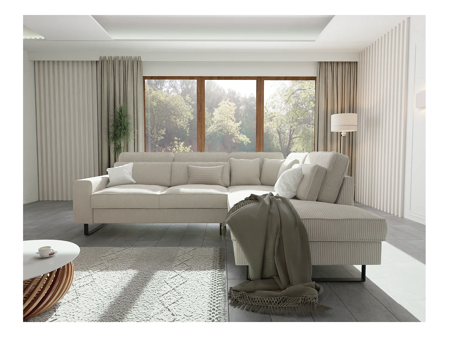 Canapé d’angle avec ottomane et pieds en métal noir, en tissu côtelé beige DUSK