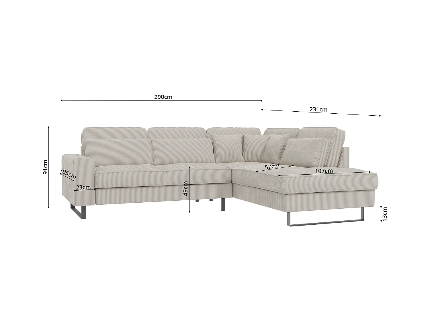 Canapé d’angle avec ottomane et pieds en métal noir, en tissu côtelé beige DUSK