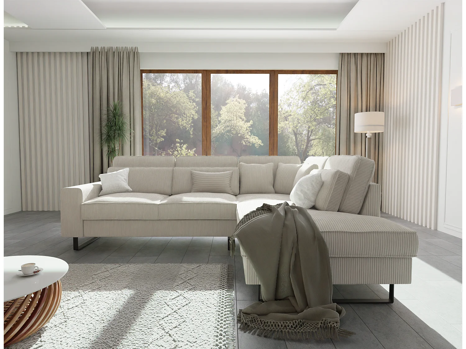 Canapé d’angle avec ottomane et pieds en métal noir, en tissu côtelé beige DUSK