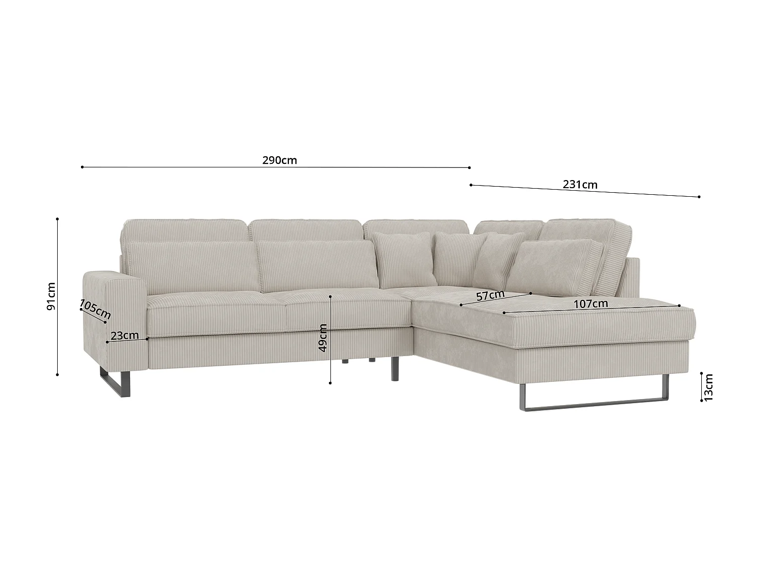Canapé d’angle avec ottomane et pieds en métal noir, en tissu côtelé beige DUSK