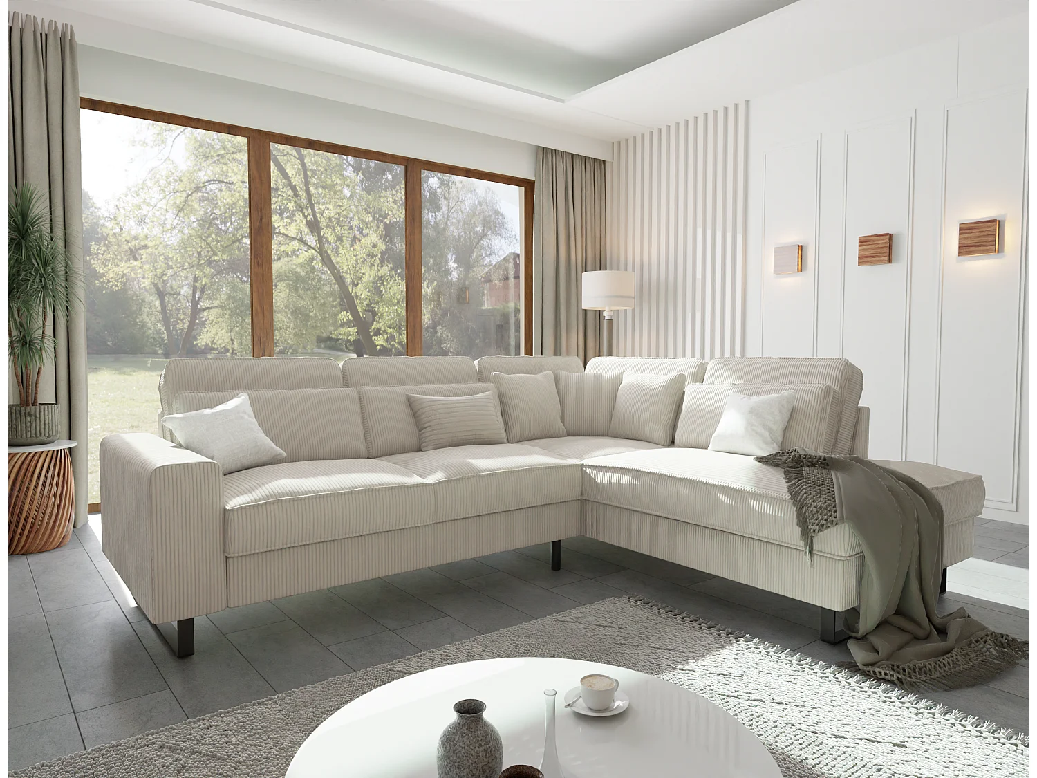 Canapé d’angle avec ottomane et pieds en métal noir, en tissu côtelé beige DUSK