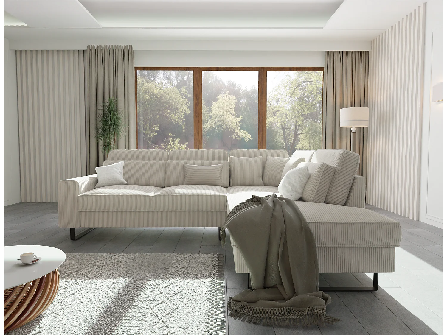 Canapé d’angle avec ottomane et pieds en métal noir, en tissu côtelé beige DUSK