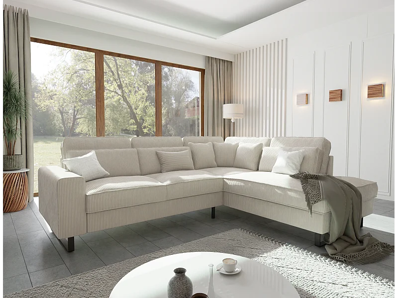 Canapé d’angle avec ottomane et pieds en métal noir, en tissu côtelé beige DUSK