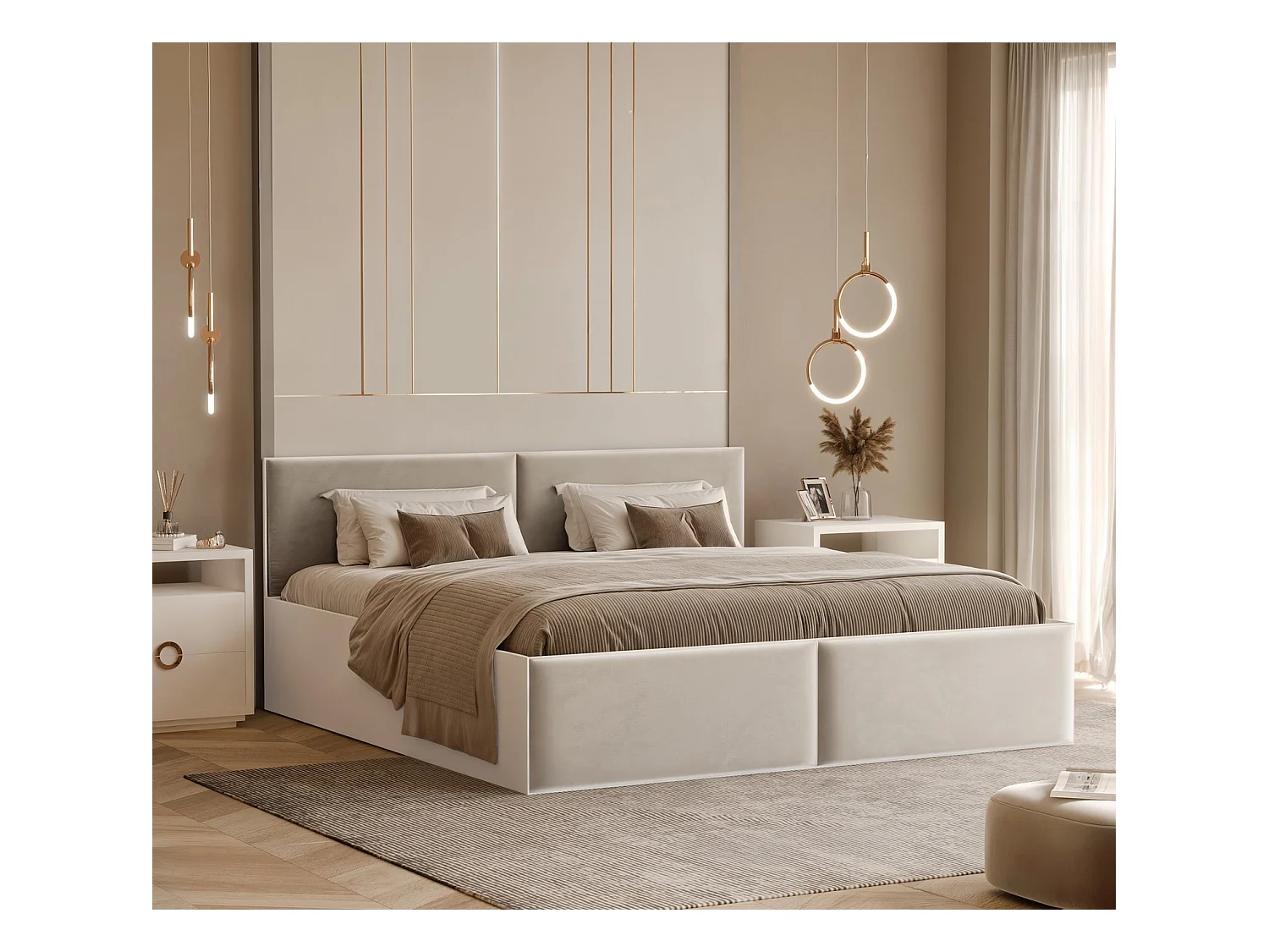 Lit tapissé ATHERIS avec coffre de rangement pour la literie | 140x200 Crème