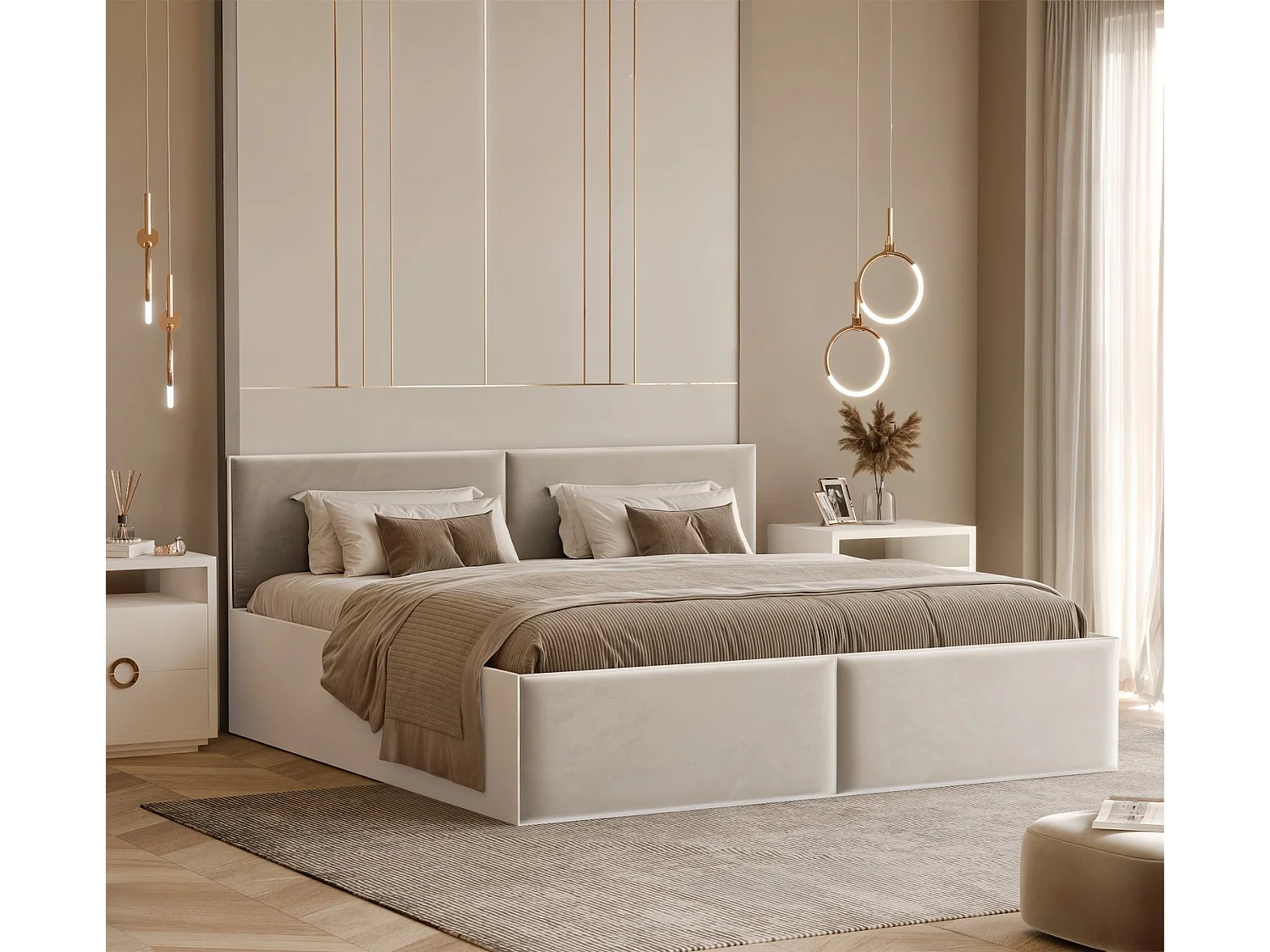 Lit tapissé ATHERIS avec coffre de rangement pour la literie | 140x200 Crème