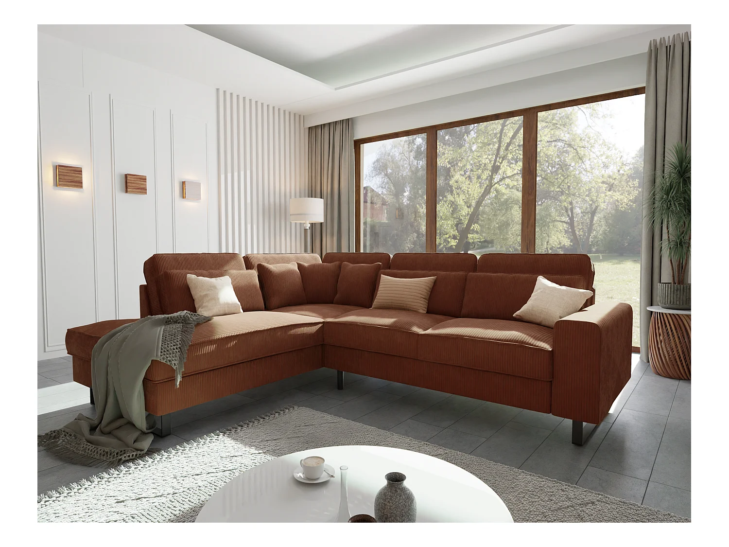 Canapé d’angle avec ottomane et pieds en métal noir, en tissu côtelé terracotta DUSK