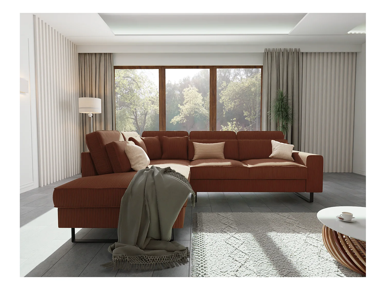 Canapé d’angle avec ottomane et pieds en métal noir, en tissu côtelé terracotta DUSK