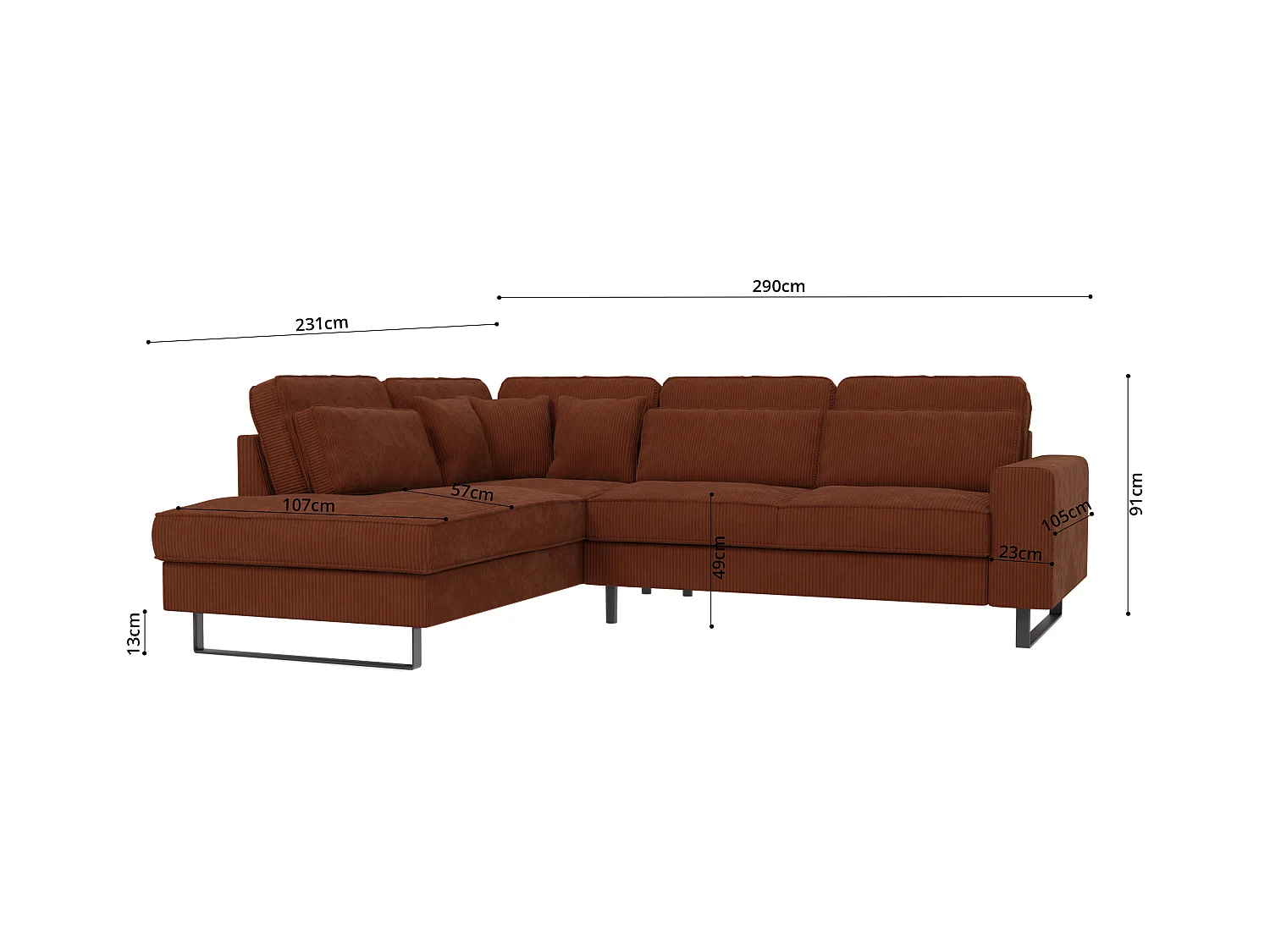 Canapé d’angle avec ottomane et pieds en métal noir, en tissu côtelé terracotta DUSK
