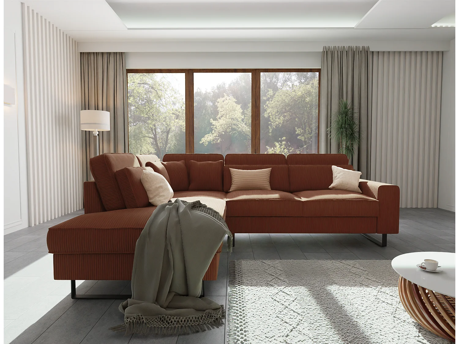 Canapé d’angle avec ottomane et pieds en métal noir, en tissu côtelé terracotta DUSK