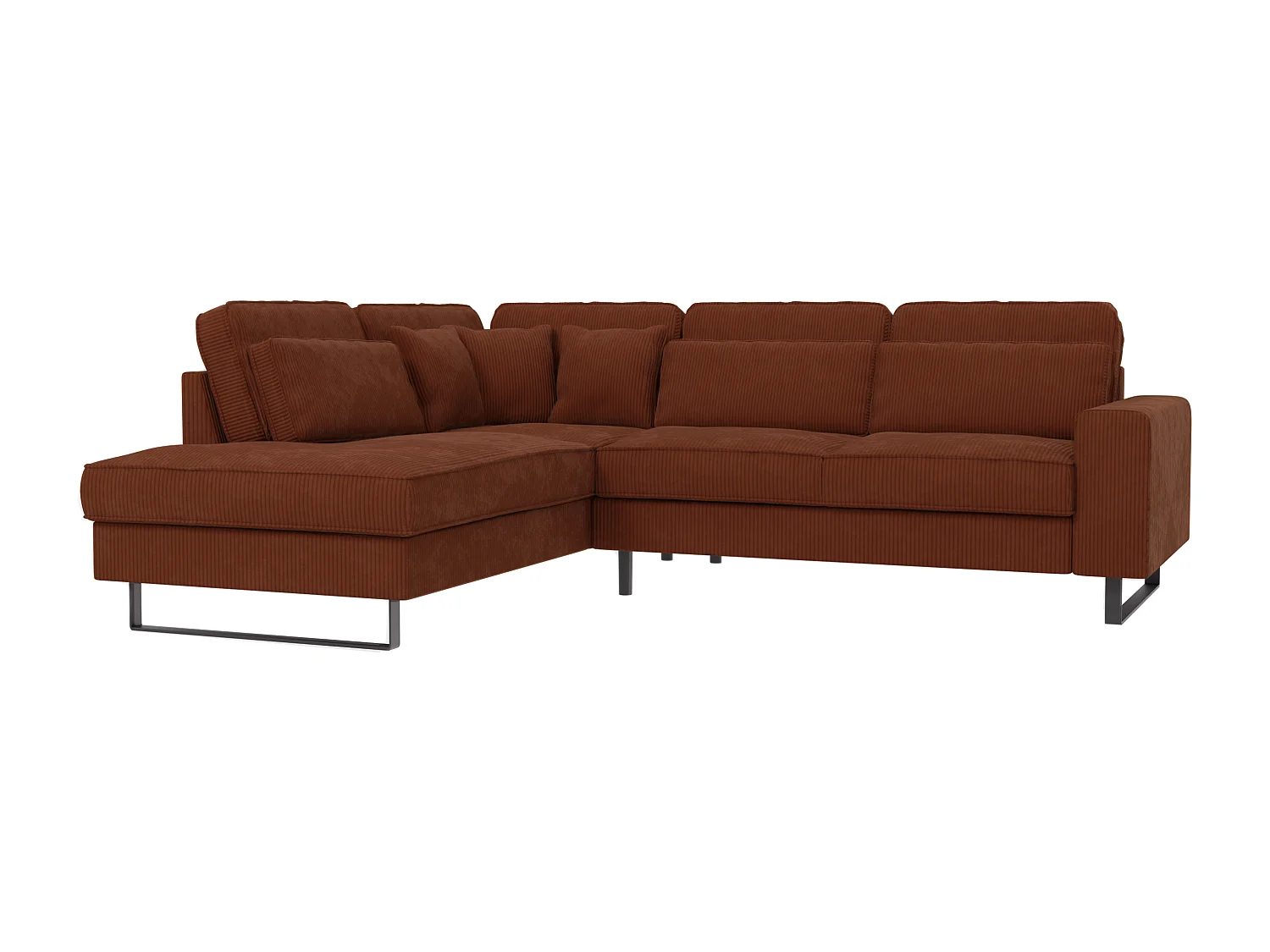 Canapé d’angle avec ottomane et pieds en métal noir, en tissu côtelé terracotta DUSK