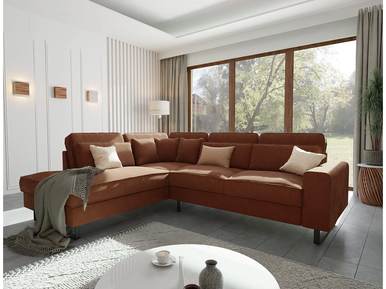 Canapé d’angle avec ottomane et pieds en métal noir, en tissu côtelé terracotta DUSK