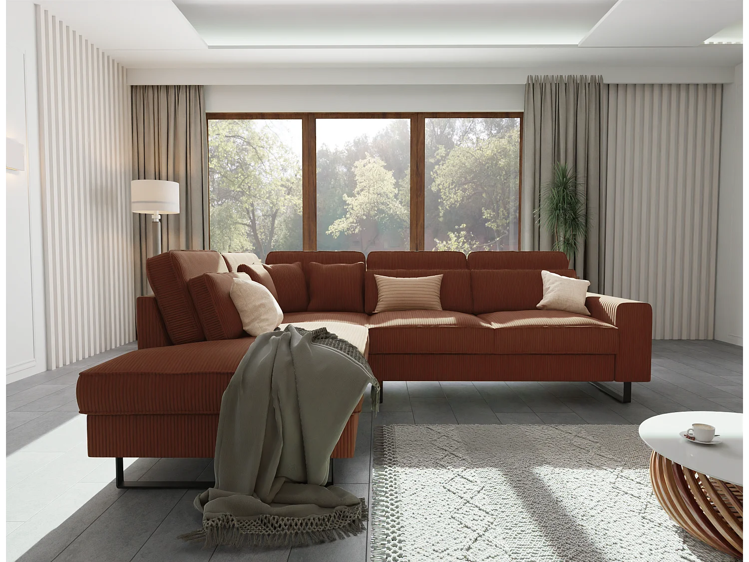 Canapé d’angle avec ottomane et pieds en métal noir, en tissu côtelé terracotta DUSK