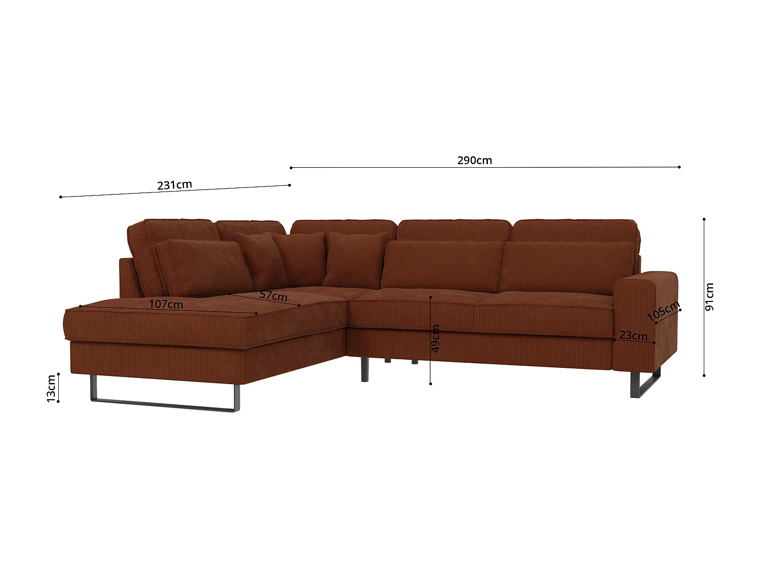 Canapé d’angle avec ottomane et pieds en métal noir, en tissu côtelé terracotta DUSK