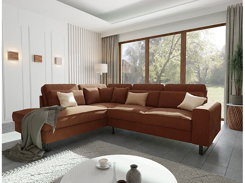 Canapé d’angle avec ottomane et pieds en métal noir, en tissu côtelé terracotta DUSK