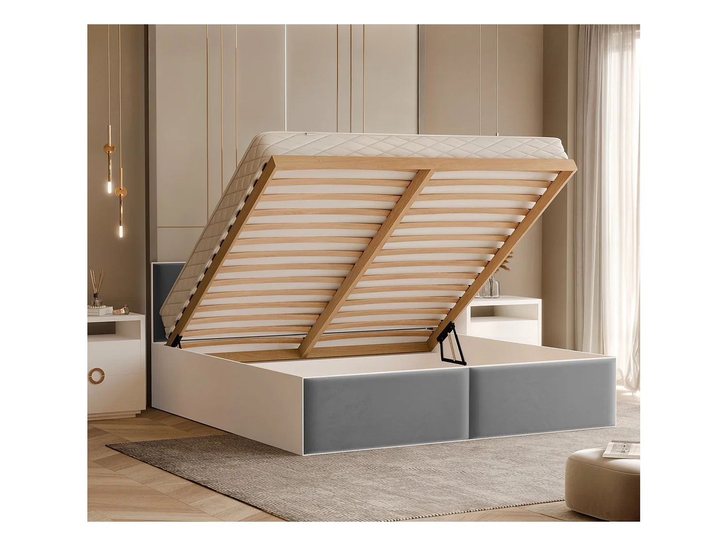 Lit tapissé ATHERIS avec coffre de rangement pour la literie | 120x200 Gris