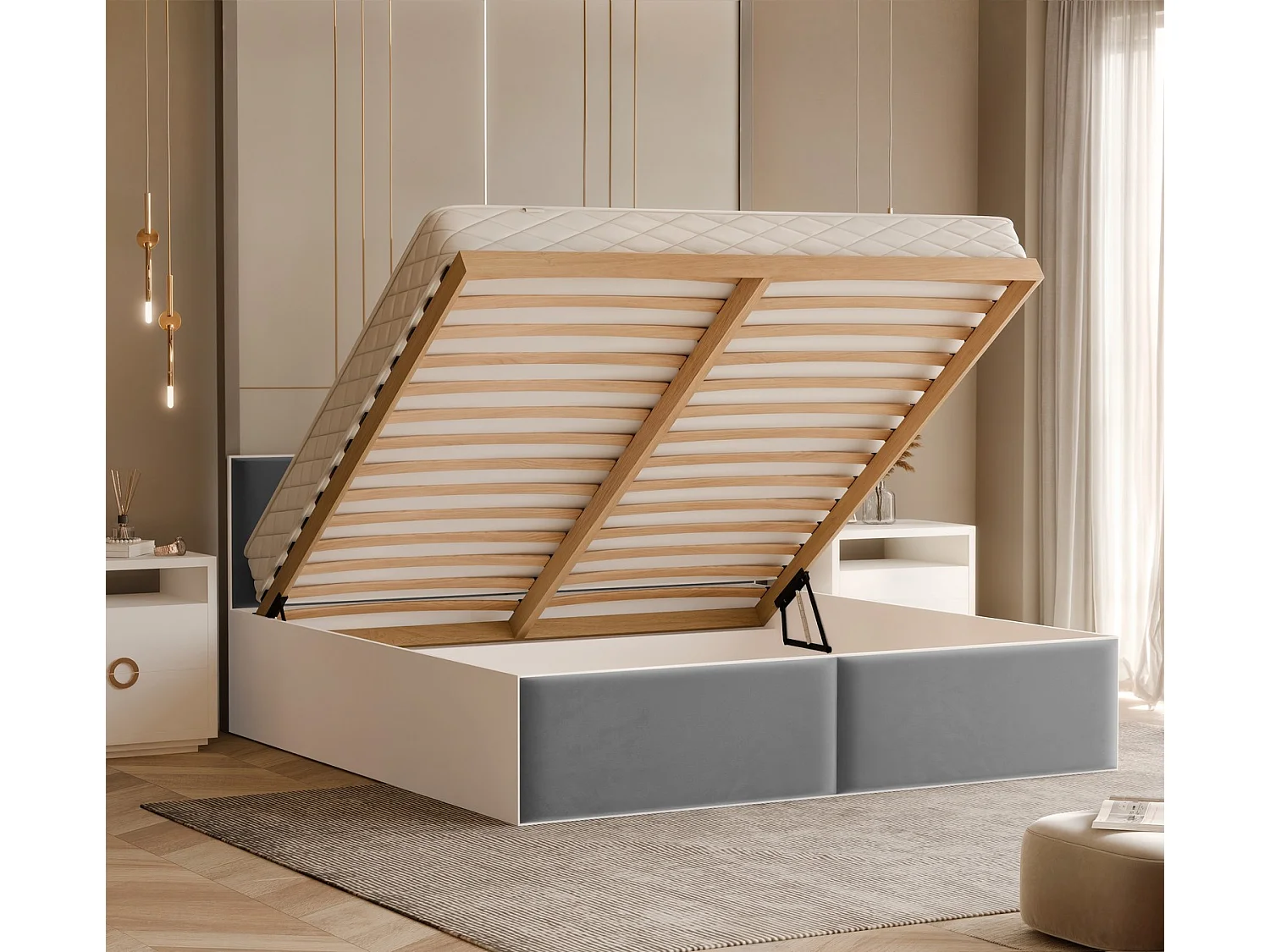 Lit tapissé ATHERIS avec coffre de rangement pour la literie | 120x200 Gris