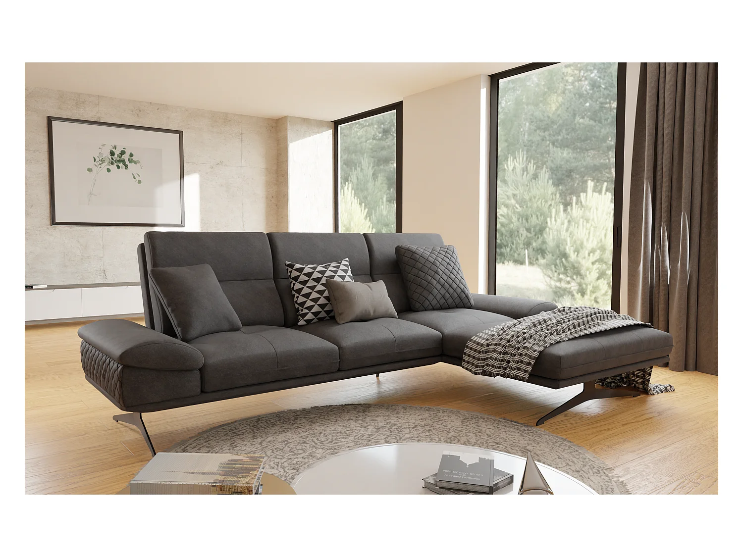 Canapé d’angle moderne avec ottomane et pieds hauts en métal noir, en tissu velours noir HAGA