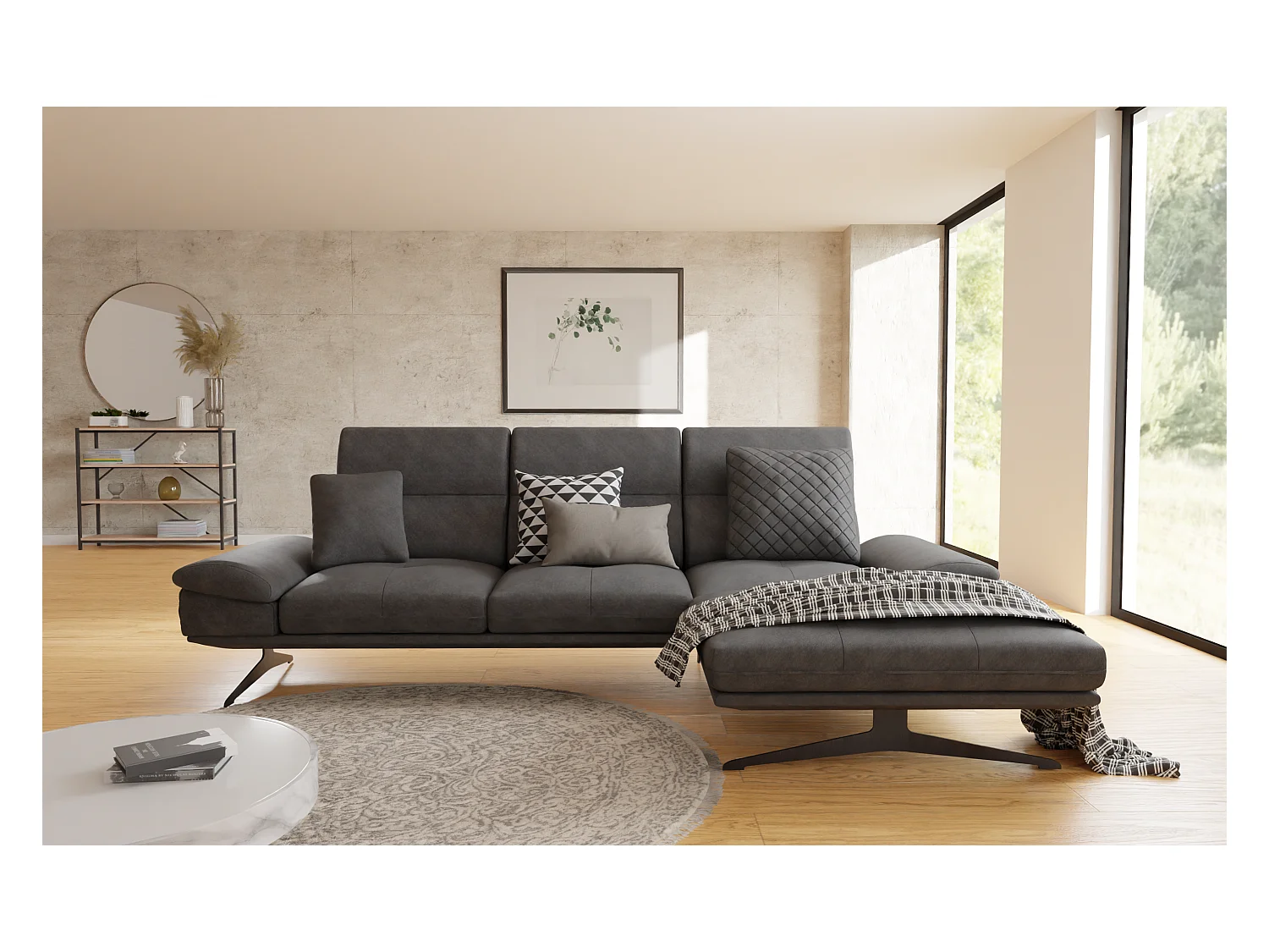 Canapé d’angle moderne avec ottomane et pieds hauts en métal noir, en tissu velours noir HAGA