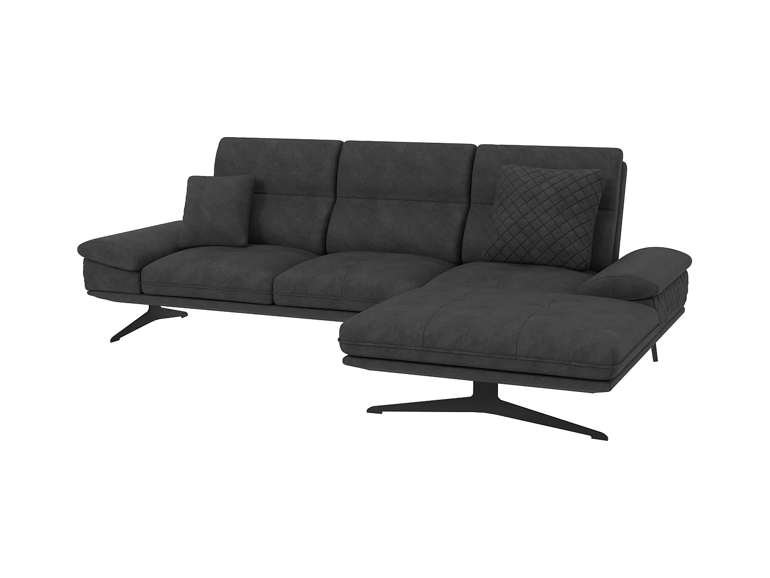 Canapé d’angle moderne avec ottomane et pieds hauts en métal noir, en tissu velours noir HAGA