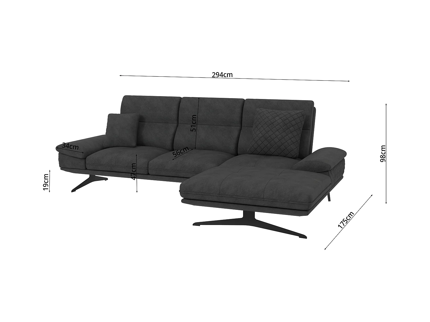 Canapé d’angle moderne avec ottomane et pieds hauts en métal noir, en tissu velours noir HAGA