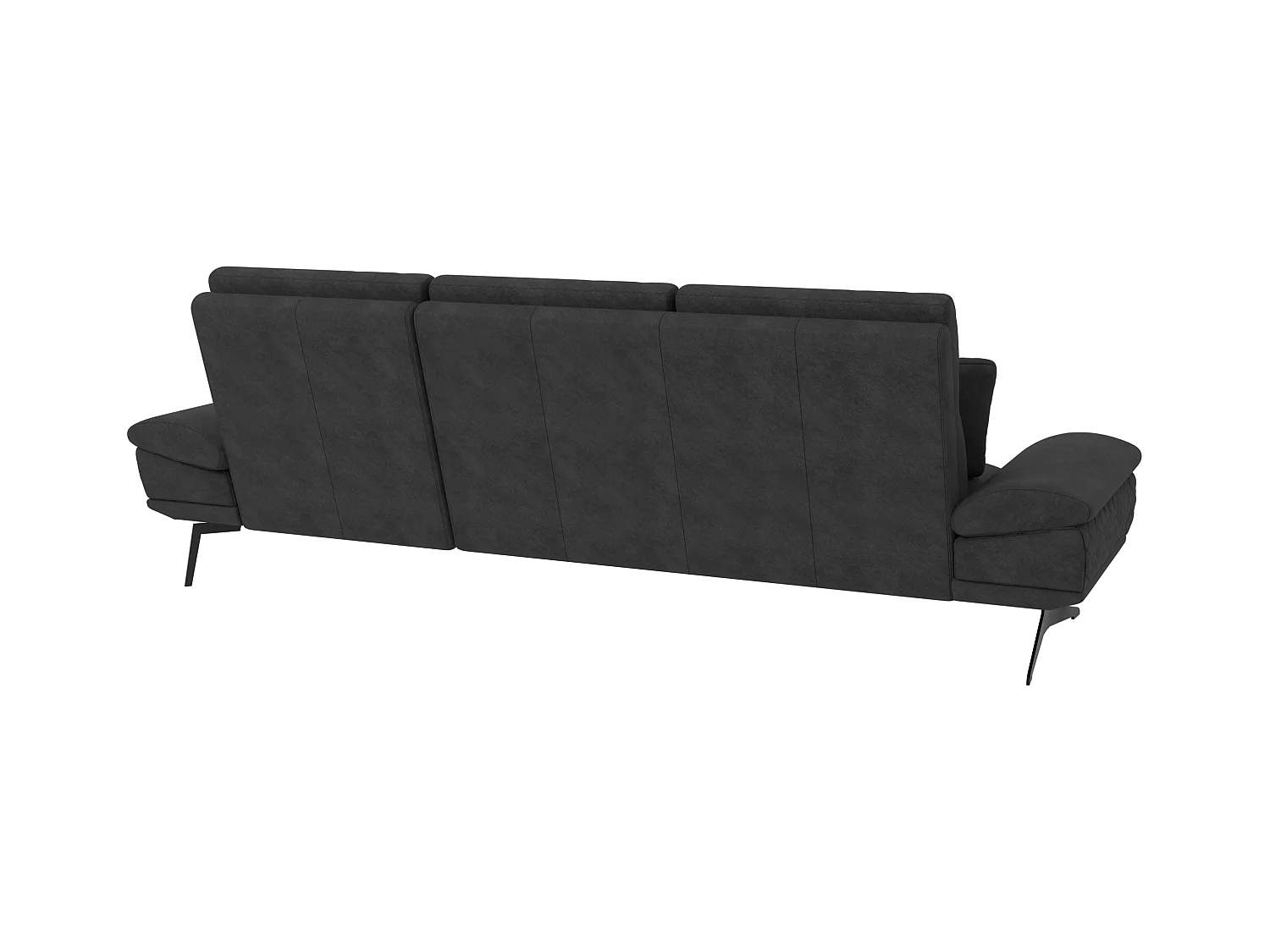 Canapé d’angle moderne avec ottomane et pieds hauts en métal noir, en tissu velours noir HAGA