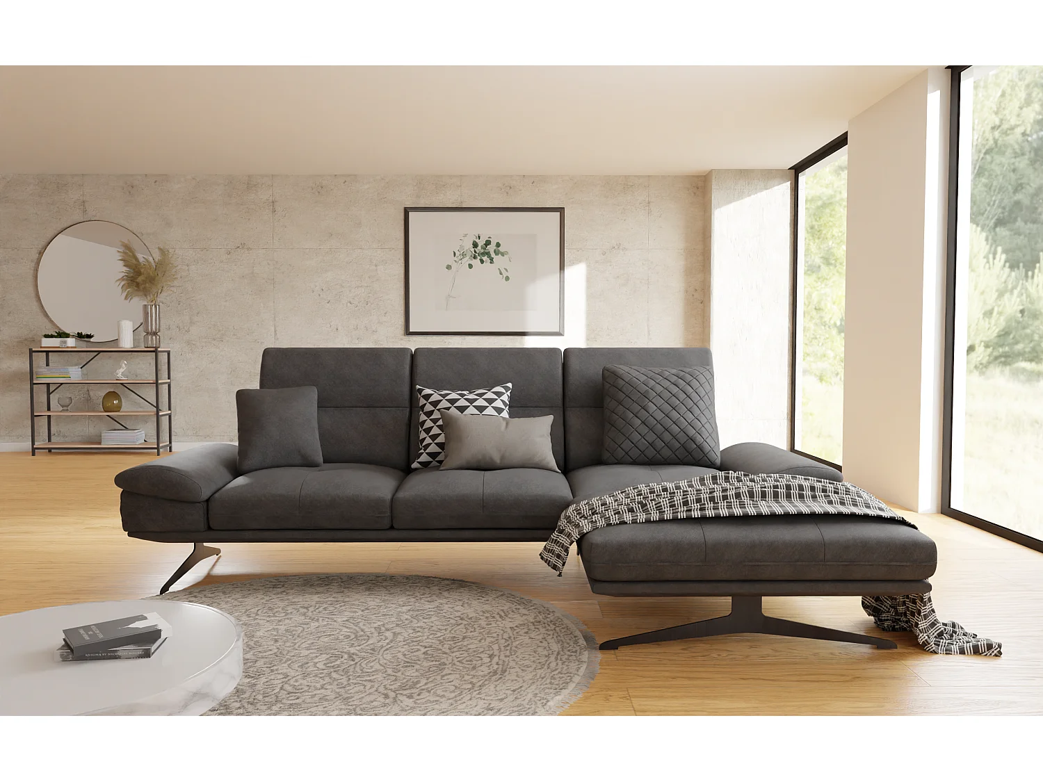 Canapé d’angle moderne avec ottomane et pieds hauts en métal noir, en tissu velours noir HAGA