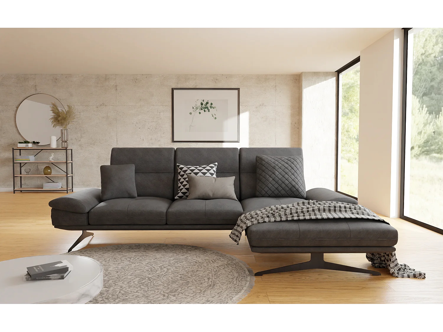 Canapé d’angle moderne avec ottomane et pieds hauts en métal noir, en tissu velours noir HAGA